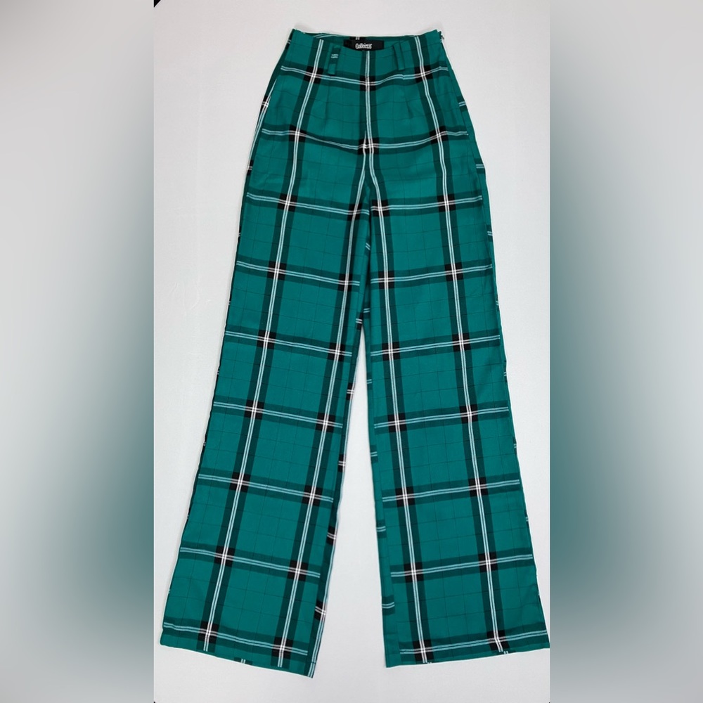 SOLD Collectif x Modcloth Giacinta Green Plaid Wide Leg Trousers High Rise - Picture 3 of 10